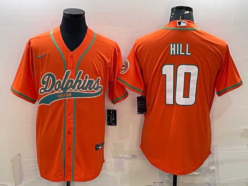 Mens Miami Dolphins #10 Tyreek Hill Orange With Patch Cool Base Stitched Baseball Jersey->miami dolphins->NFL Jersey